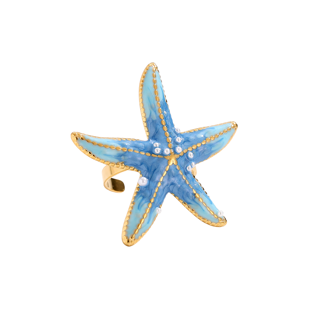 Large blue starfish stainless steel ring    