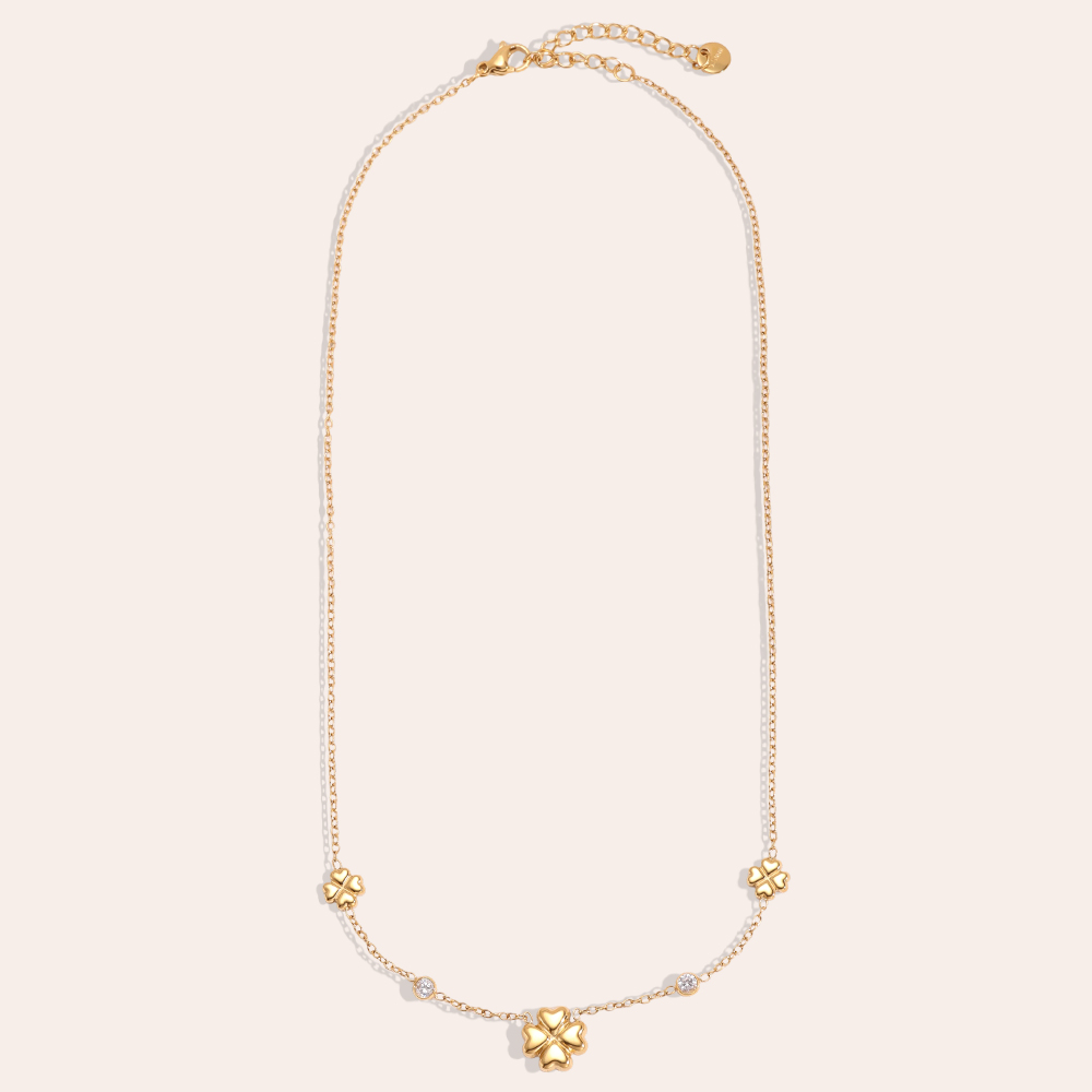 Stainless steel necklace 41cm cloverleaf with zirconia dots
