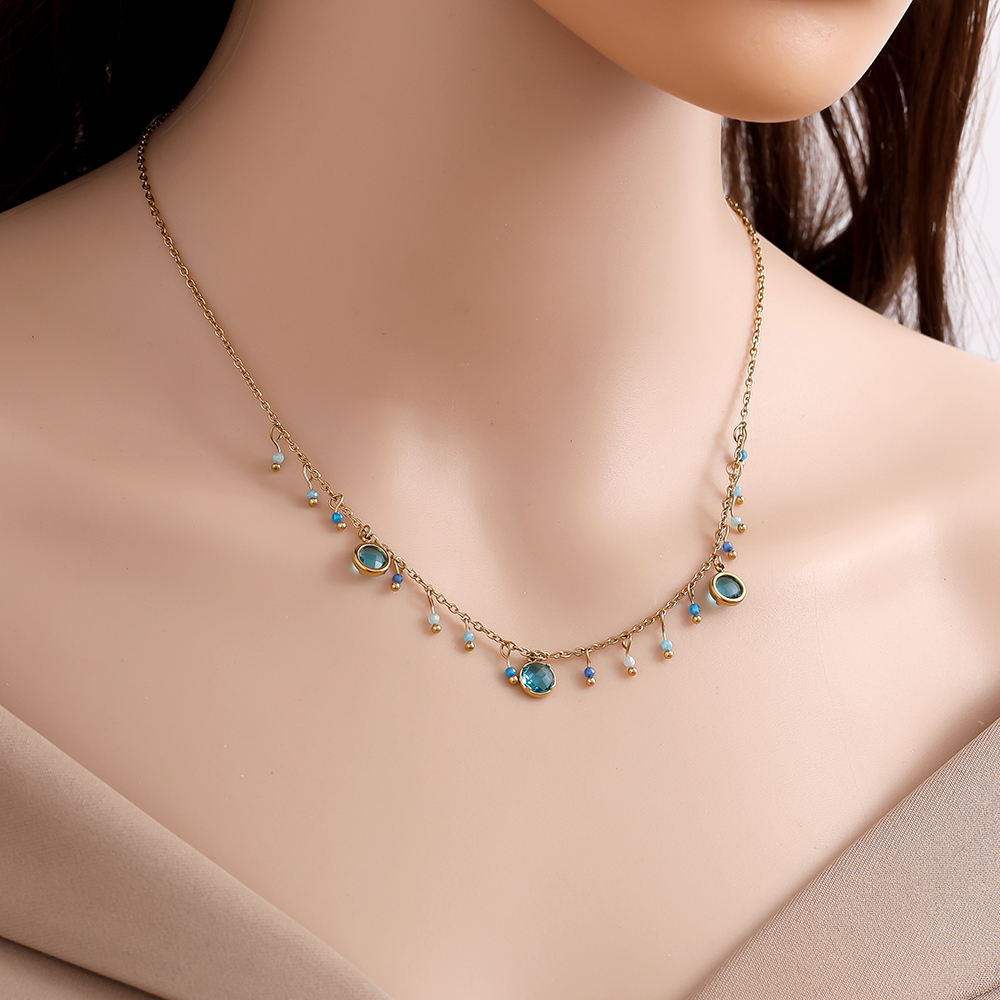 40cm blue glass beads and blue crystals stainless steel necklace  