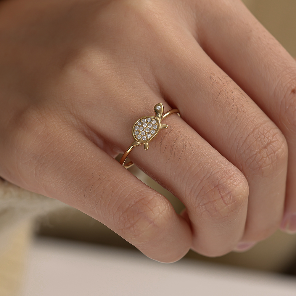 Adjustable rhinestone turtle stainless steel ring    