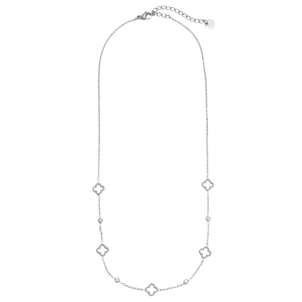 Stainless steel necklace, 39cm, small shamrock with mini cubic zirconia