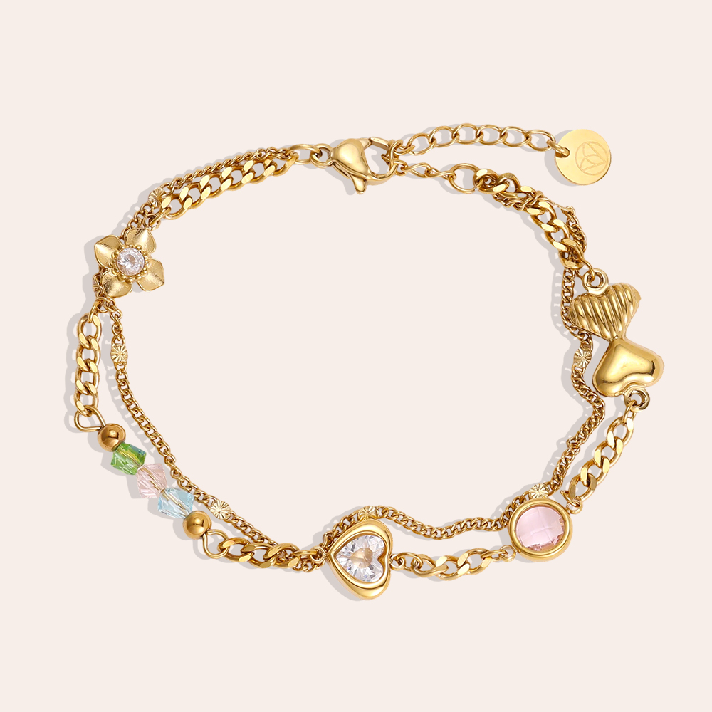 Stainless steel bracelet, 17 cm, with a heart and a flower