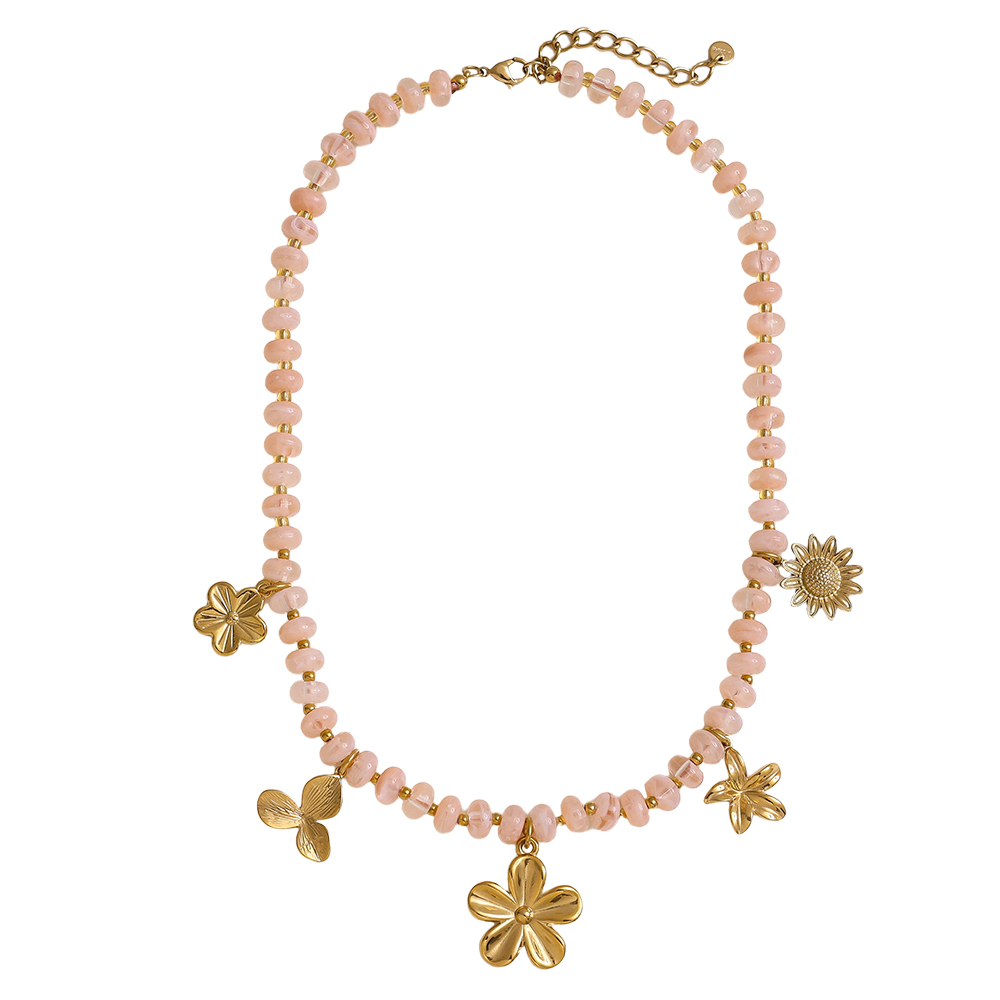 47cm small acrylic beads and golden flowers stainless steel necklace    