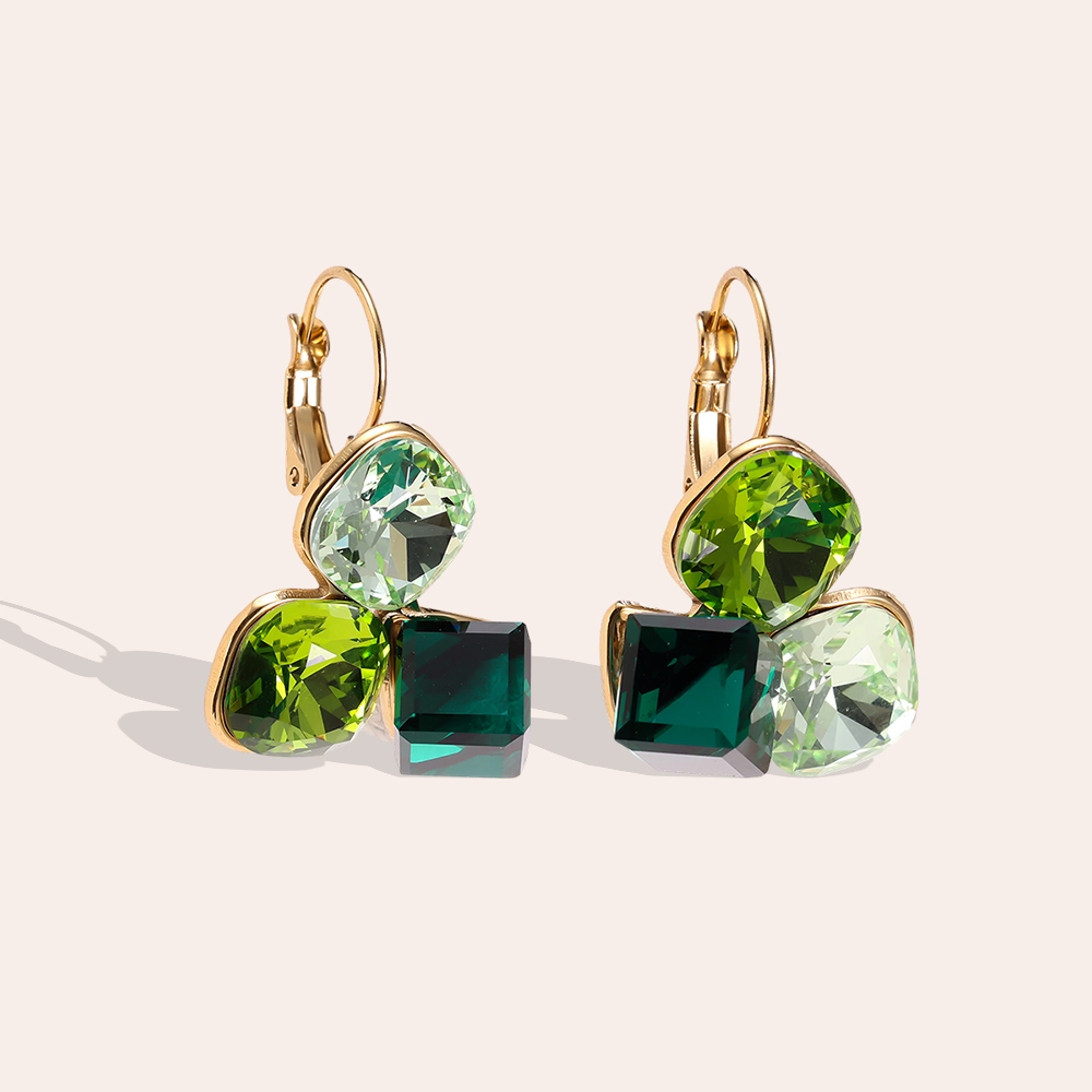 Stainless steel earrings, 30 × 21 mm. Three large glass stones in different colours