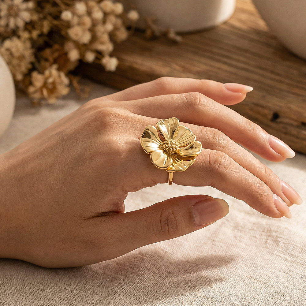 Adjustable beautiful stainless steel flower ring    