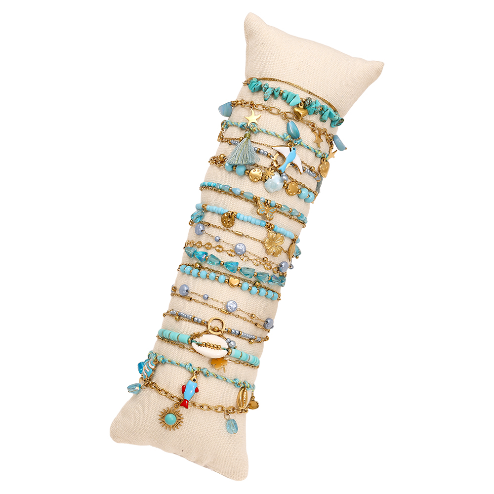 15pcs 17cm Blue Crystal Beads Sealife Bird Stainless Steel Bracelet Set