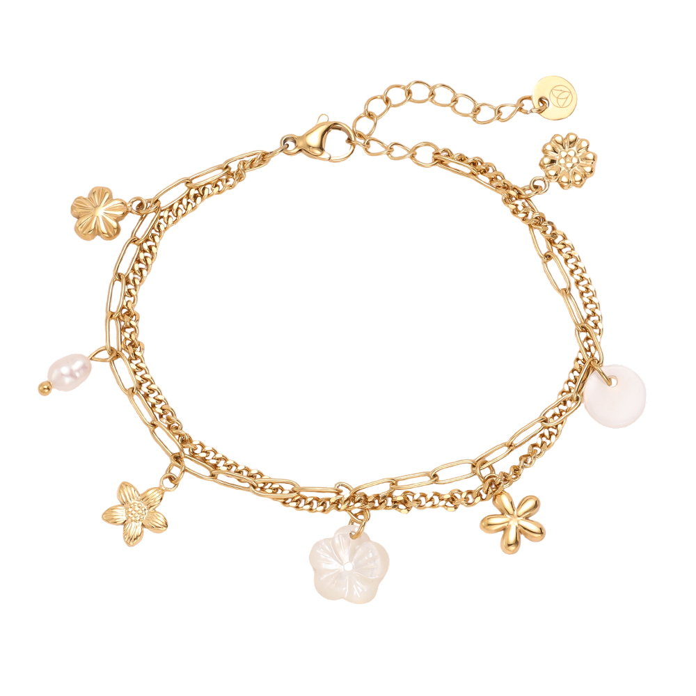 Stainless steel bracelet 17cm double row with flowers and pearls 