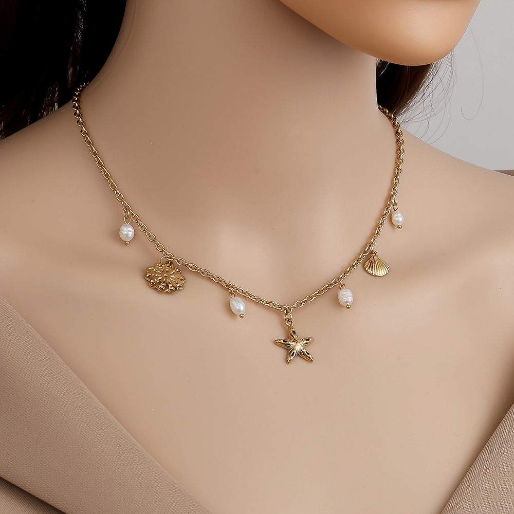 42cm Pretty Ocean And Pearl Stainless Steel Necklace  
