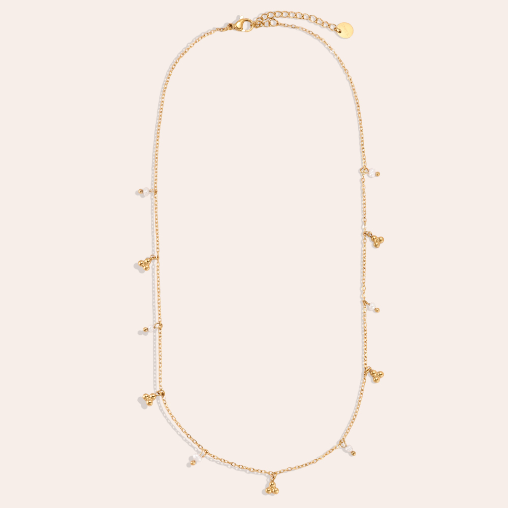 Stainless steel necklace, 42cm, with beads and gold dots