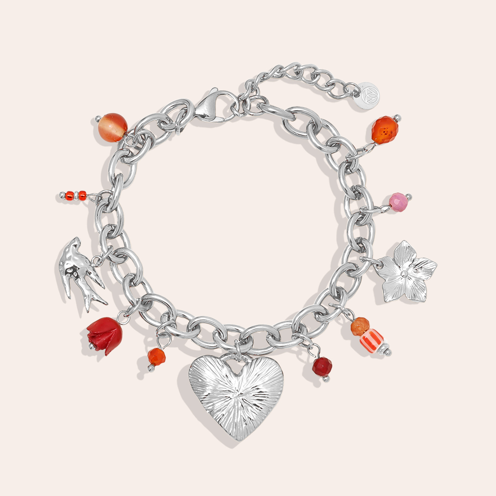 17cm heart flower beads stainless steel bracelet