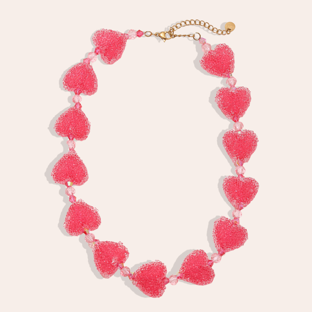 38cm Acrylic Pink Heart Chain Stainless Steel Necklace   