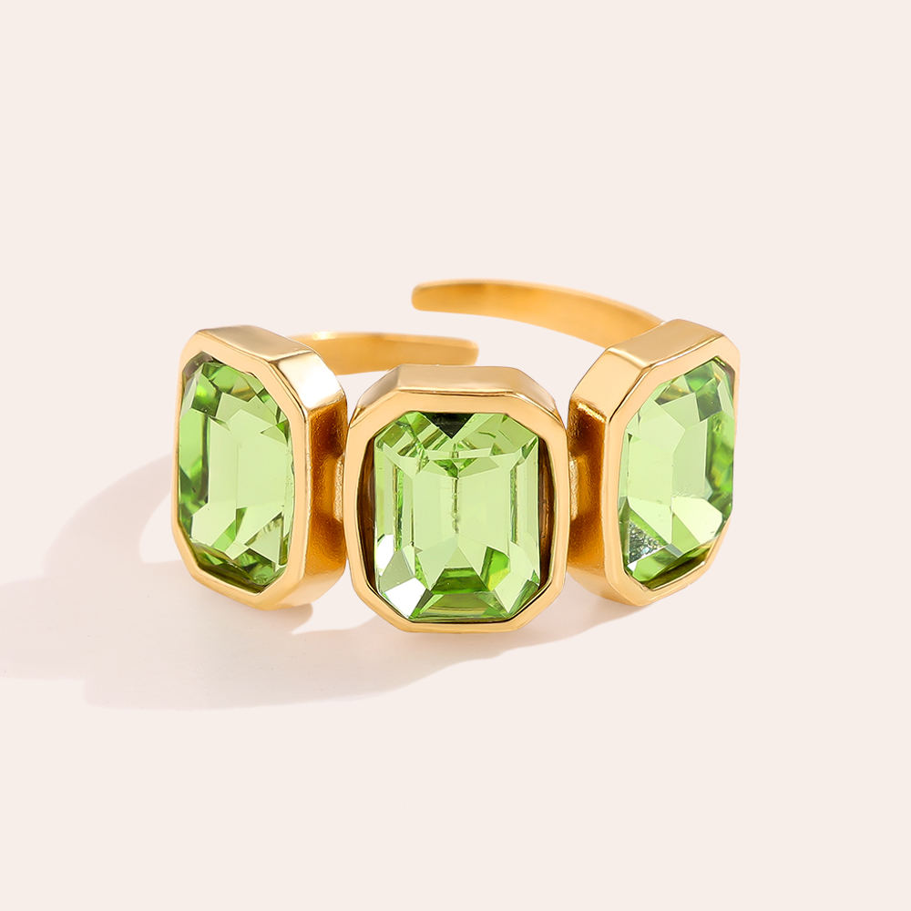 Adjustable open glass stone stainless steel ring 