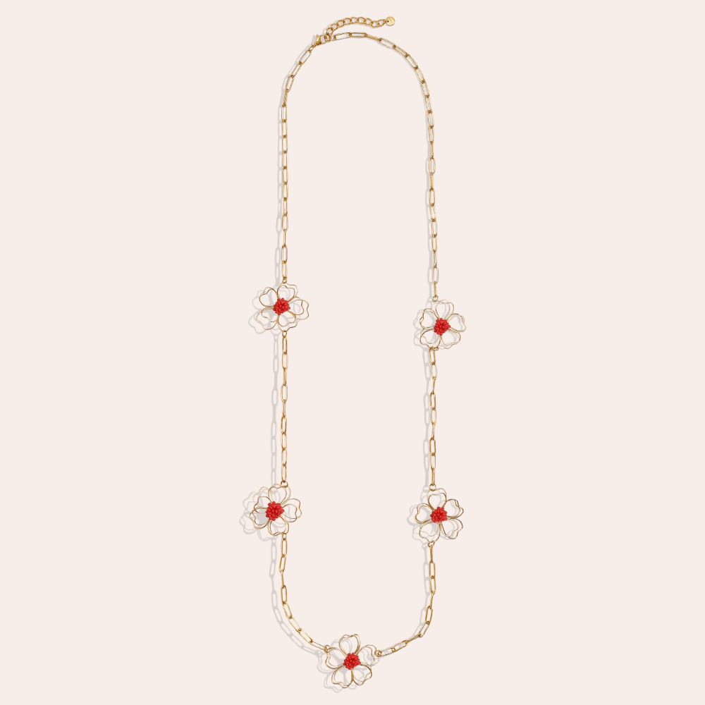 Stainless steel necklace 94cm golden flowers