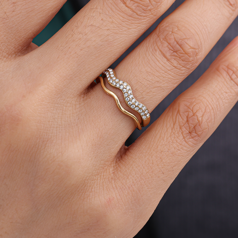 Adjustable double-layered small wave zirconia stainless steel ring    