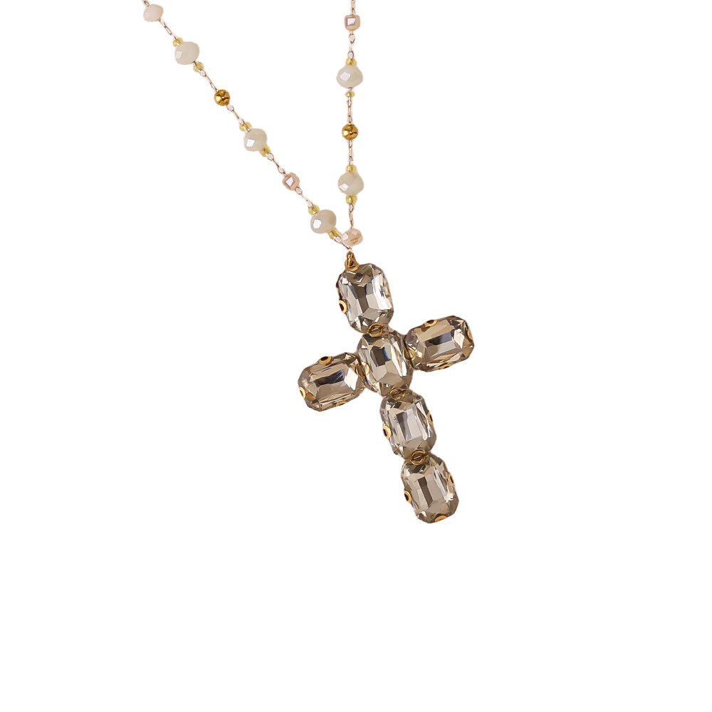 86cm Glass Crystal Cross Stainless Steel Necklaces