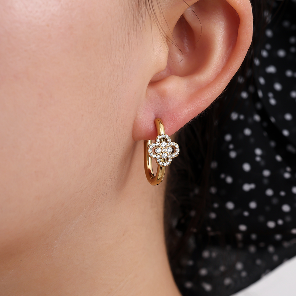 2cm Diamond Lucky Flower Hoop Stainless Steel Earrings   