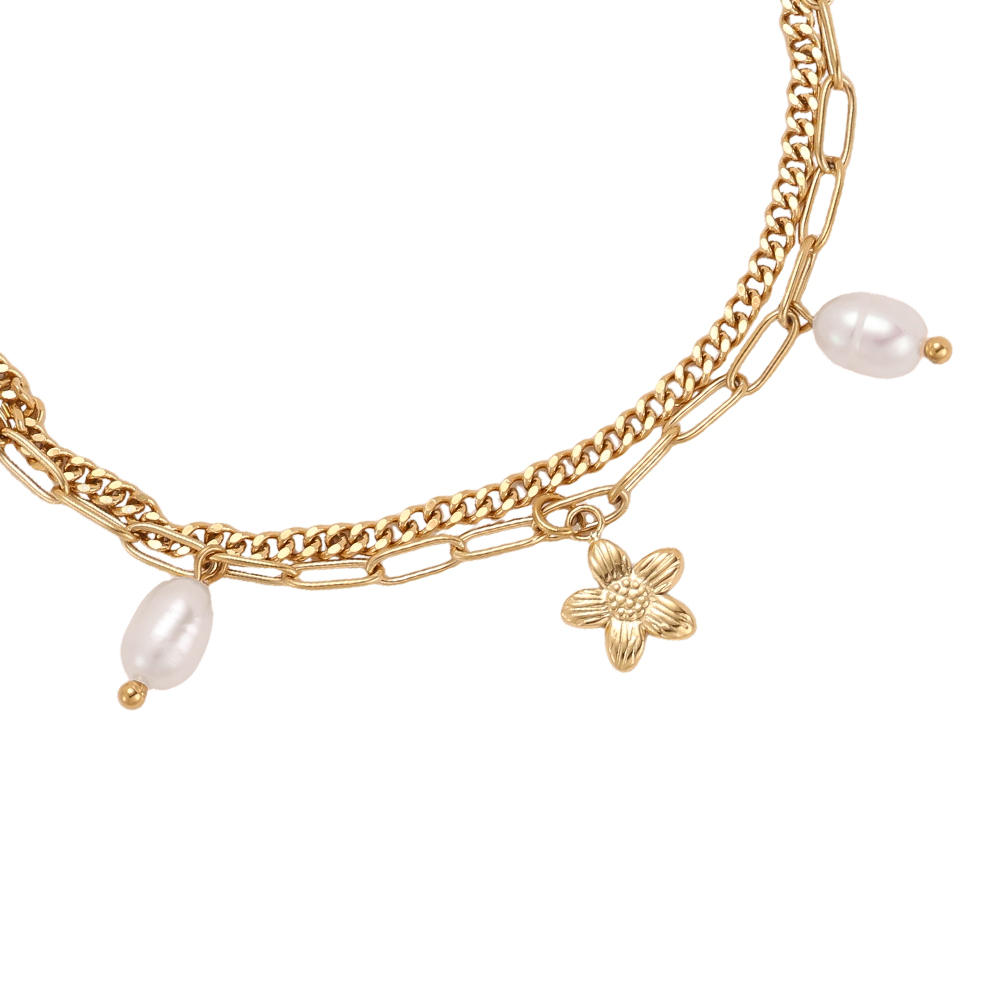 Stainless steel bracelet 17cm double row with golden flower and pearls