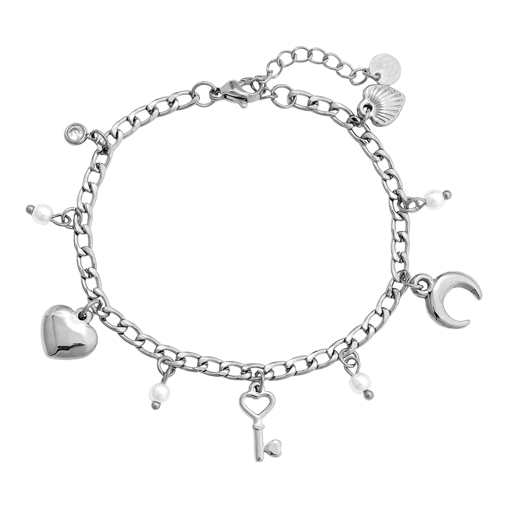 17cm heart moon key and pearl stainless steel bracelet  