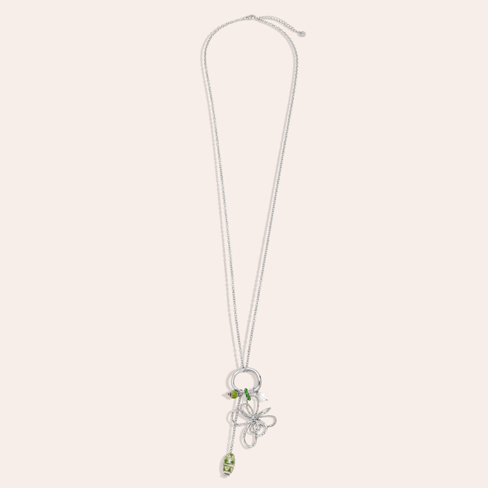 Stainless steel necklace, 79cm, with doodle flowers and green decorations