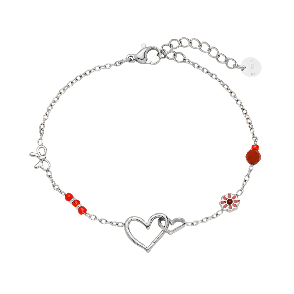 17cm heart bow and red flower stainless steel bracelet    