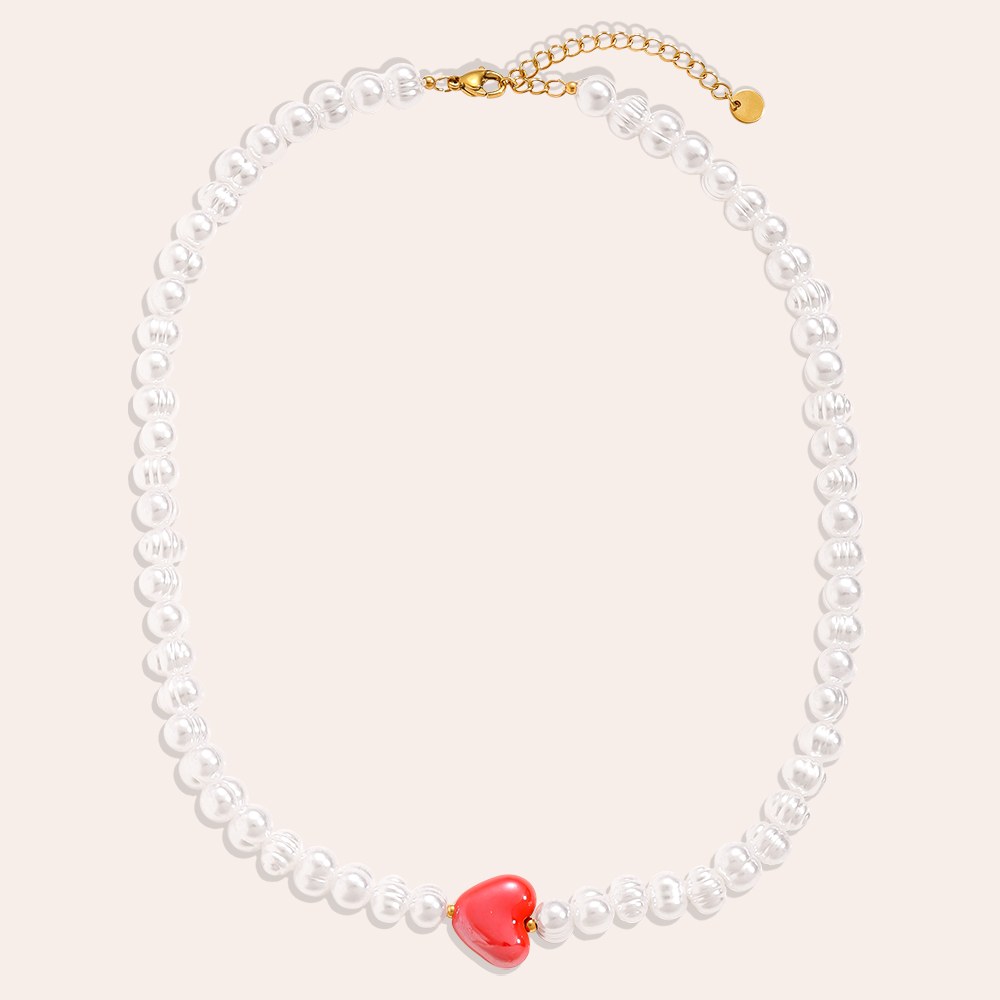 41cm Red Heart In Big Pearl Chain Stainless Steel Necklace   