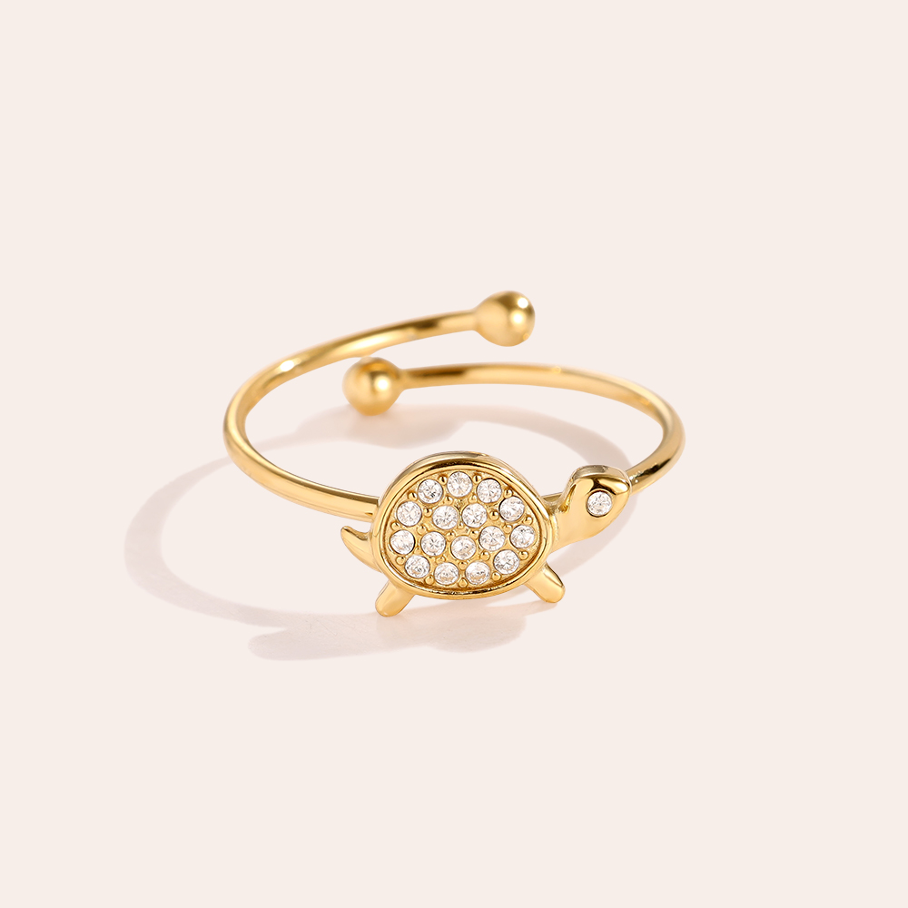 Adjustable rhinestone turtle stainless steel ring    