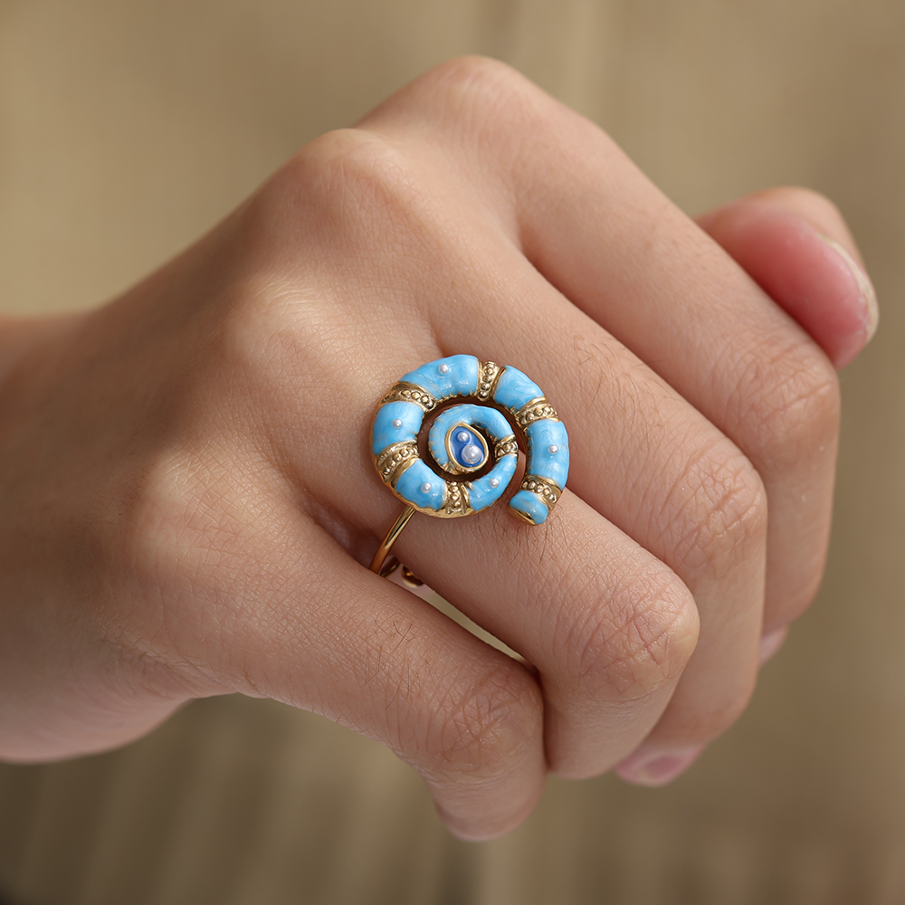 Marina blue scroll stainless steel ring  