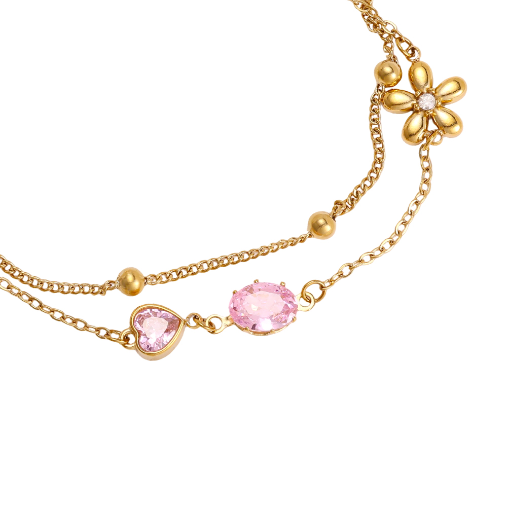 Stainless steel bracelet, 17cm, with pink cubic zirconia and a gold flower