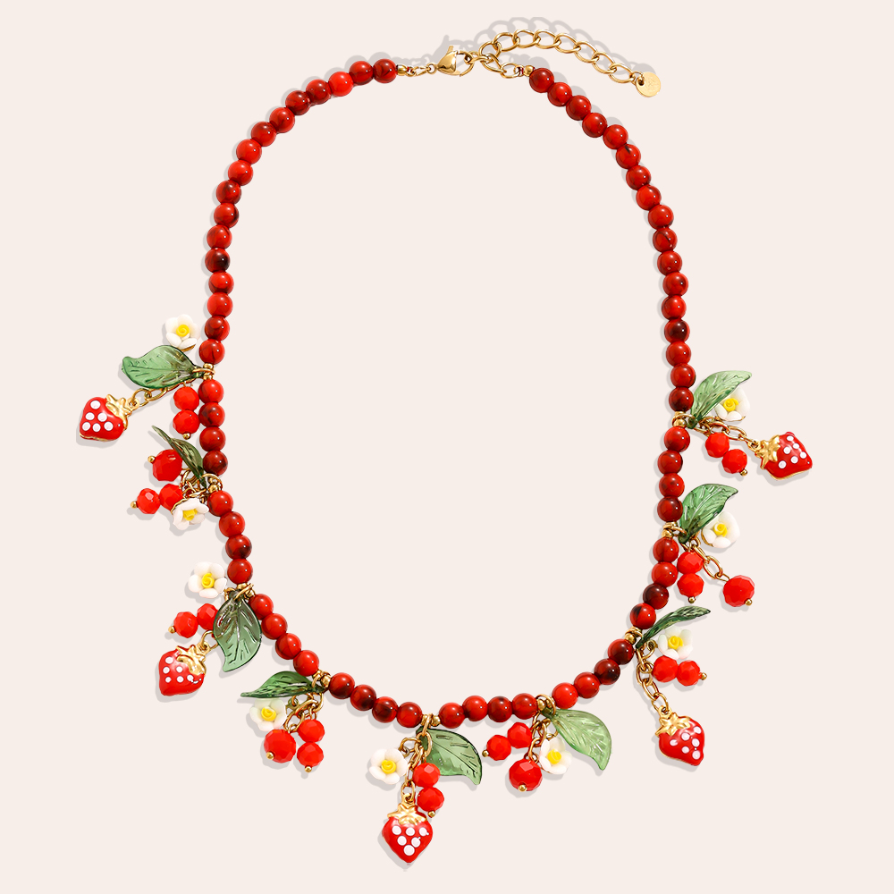 Stainless steel necklace 42cm acrylic beads with strawberries and flowers