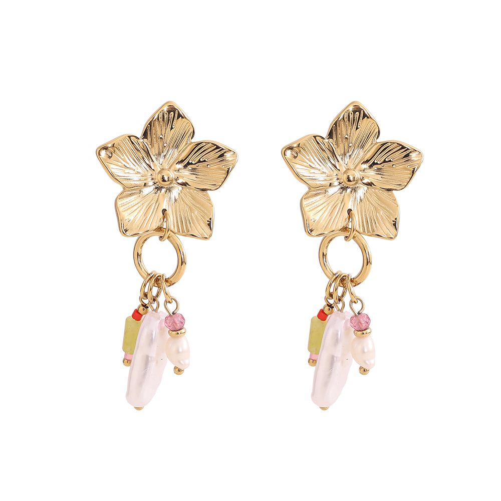 50mm flower freshwater pearls and natural stone stainless steel earrings