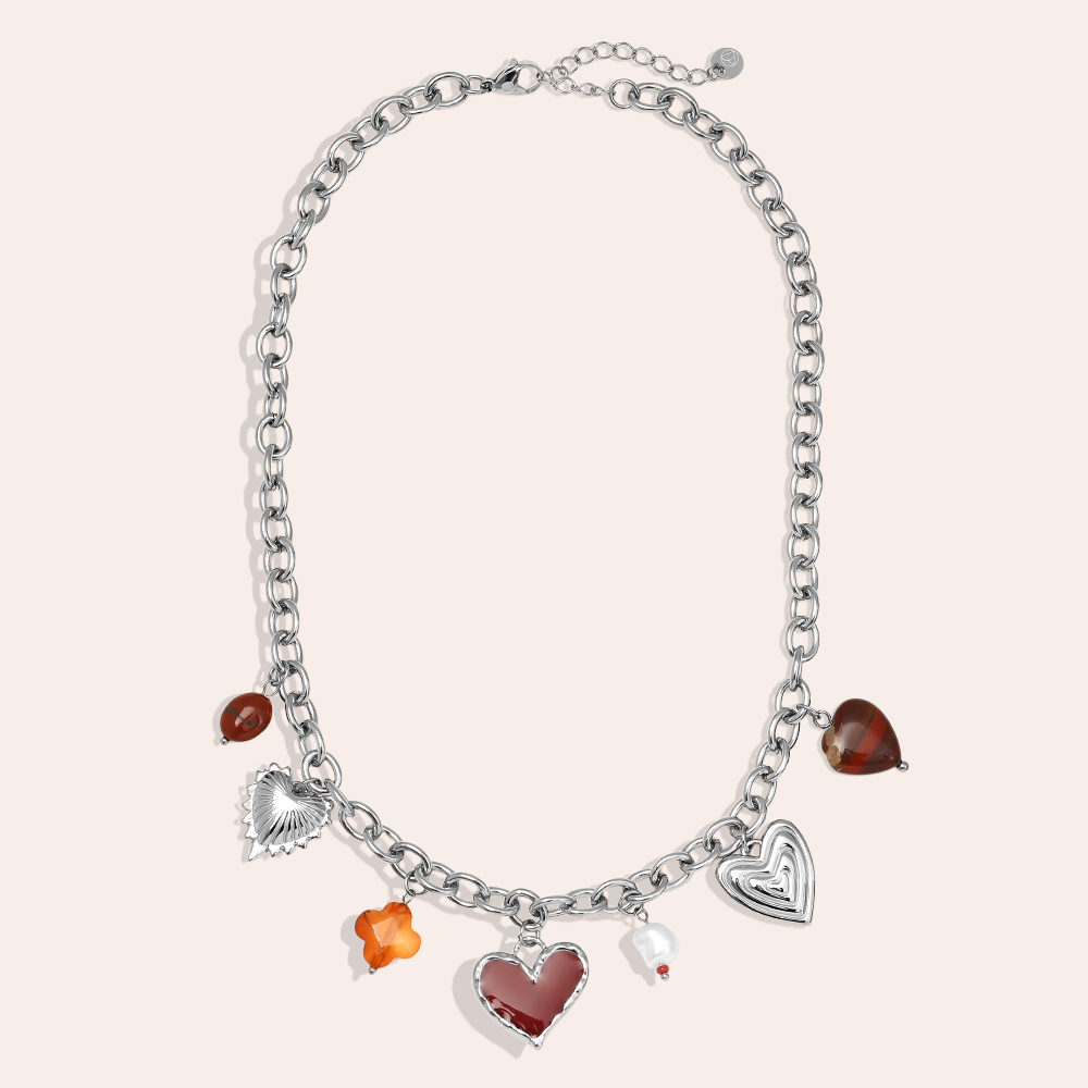 40cm Red Heart And Charms stainless steel necklace      