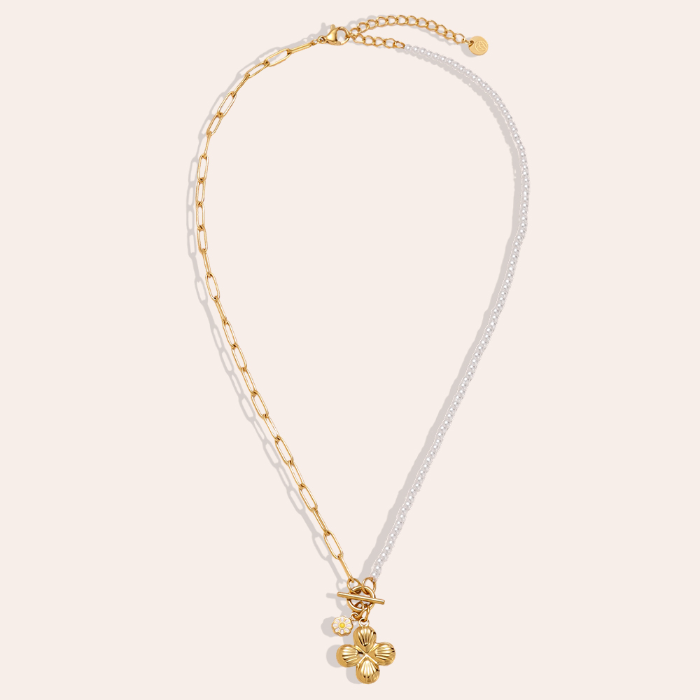 Stainless steel necklace 40cm half-sided faux pearl chain and flower