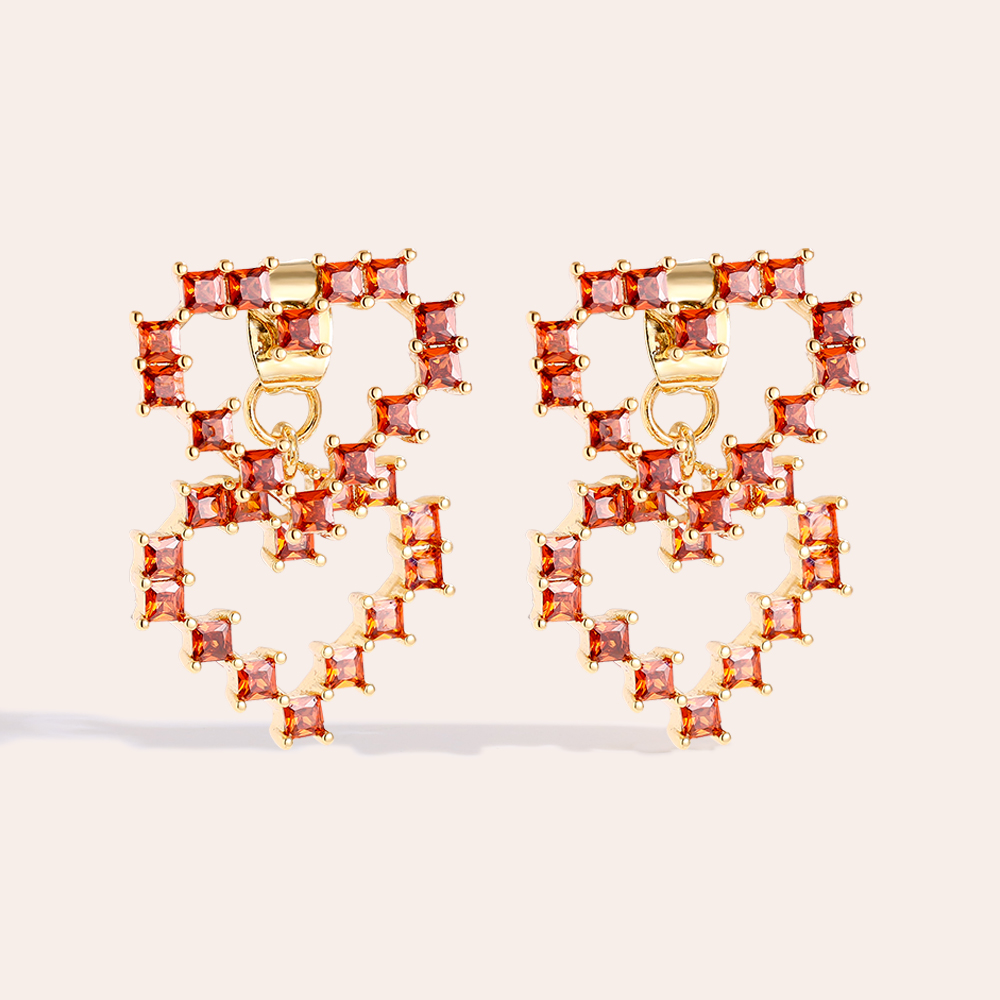 26mm Two Fancy Diamond Heart Gold-Plated Earrings 