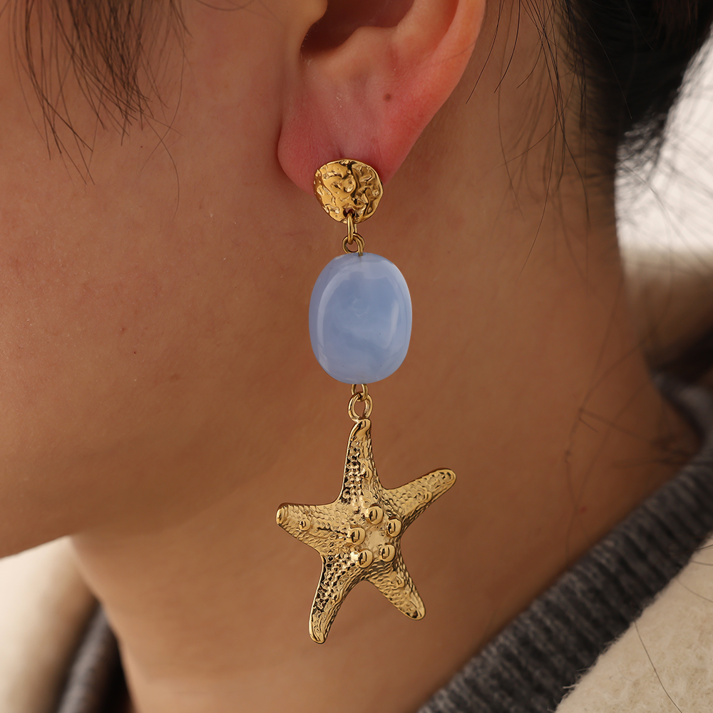7cm large starfish and green acrylic stainless steel earrings     