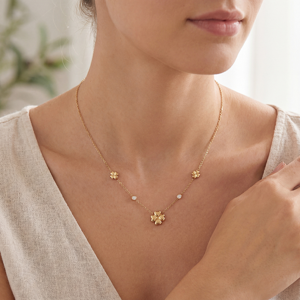 Stainless steel necklace 41cm cloverleaf with zirconia dots