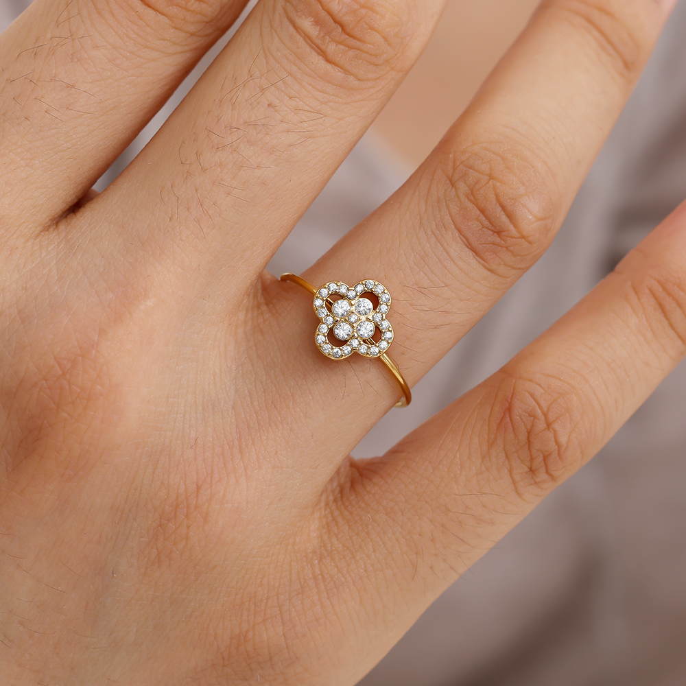 Diamond Lucky Flower stainless steel ring    
