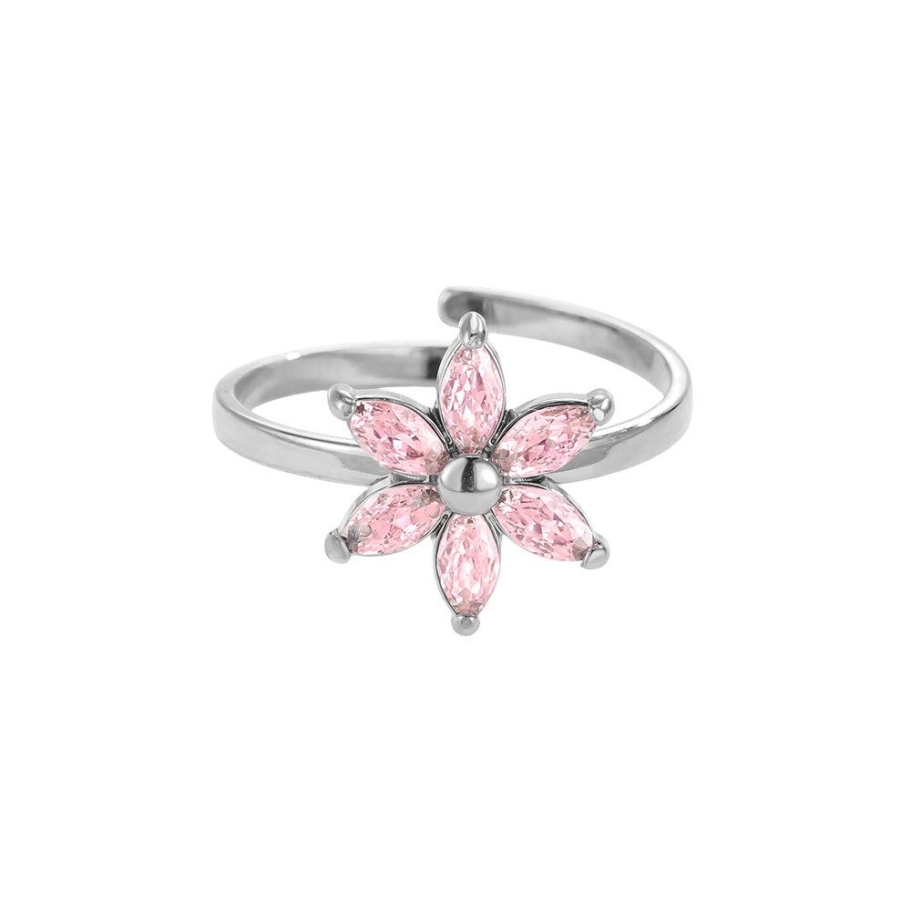 Stainless steel ring Adjustable pink zirconia flower