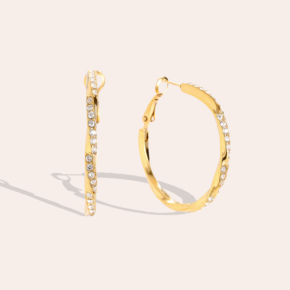 3.4cm Light Twist Diamond Hoop Stainless Steel Earrings     
