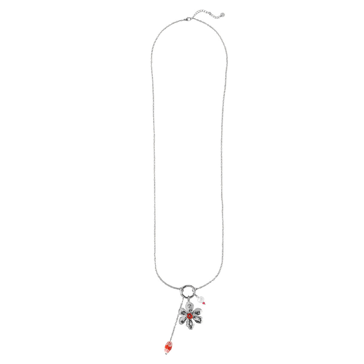 Stainless steel necklace, 80cm, with a large flower and red decoration  