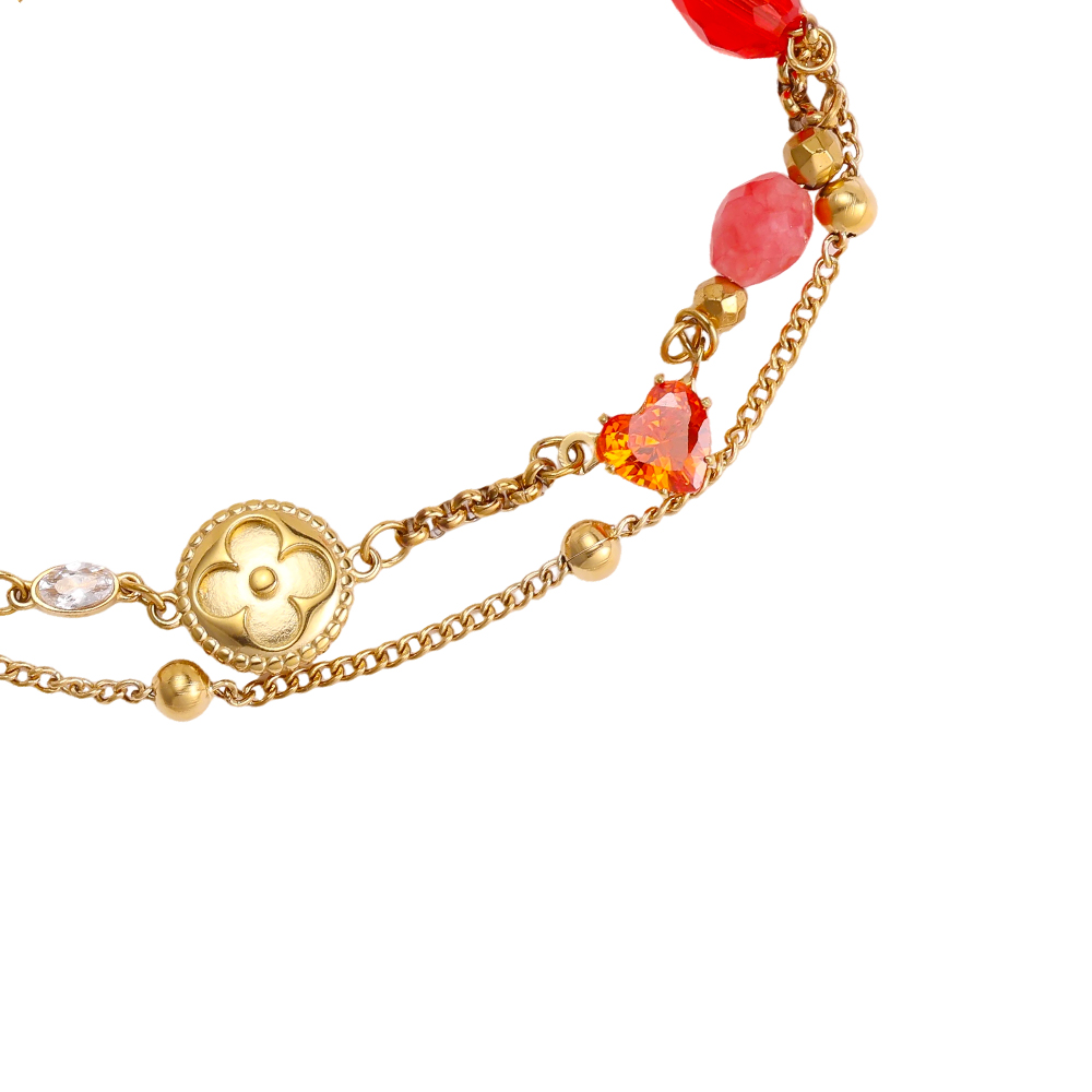 Stainless steel bracelet, 17 cm, with a heart and red crystal beads
