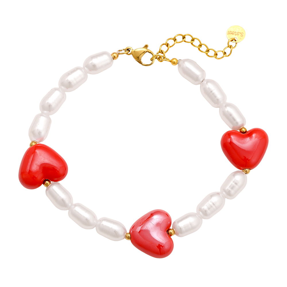18cm Big Red Heart In Pearl Chain stainless steel bracelet     
