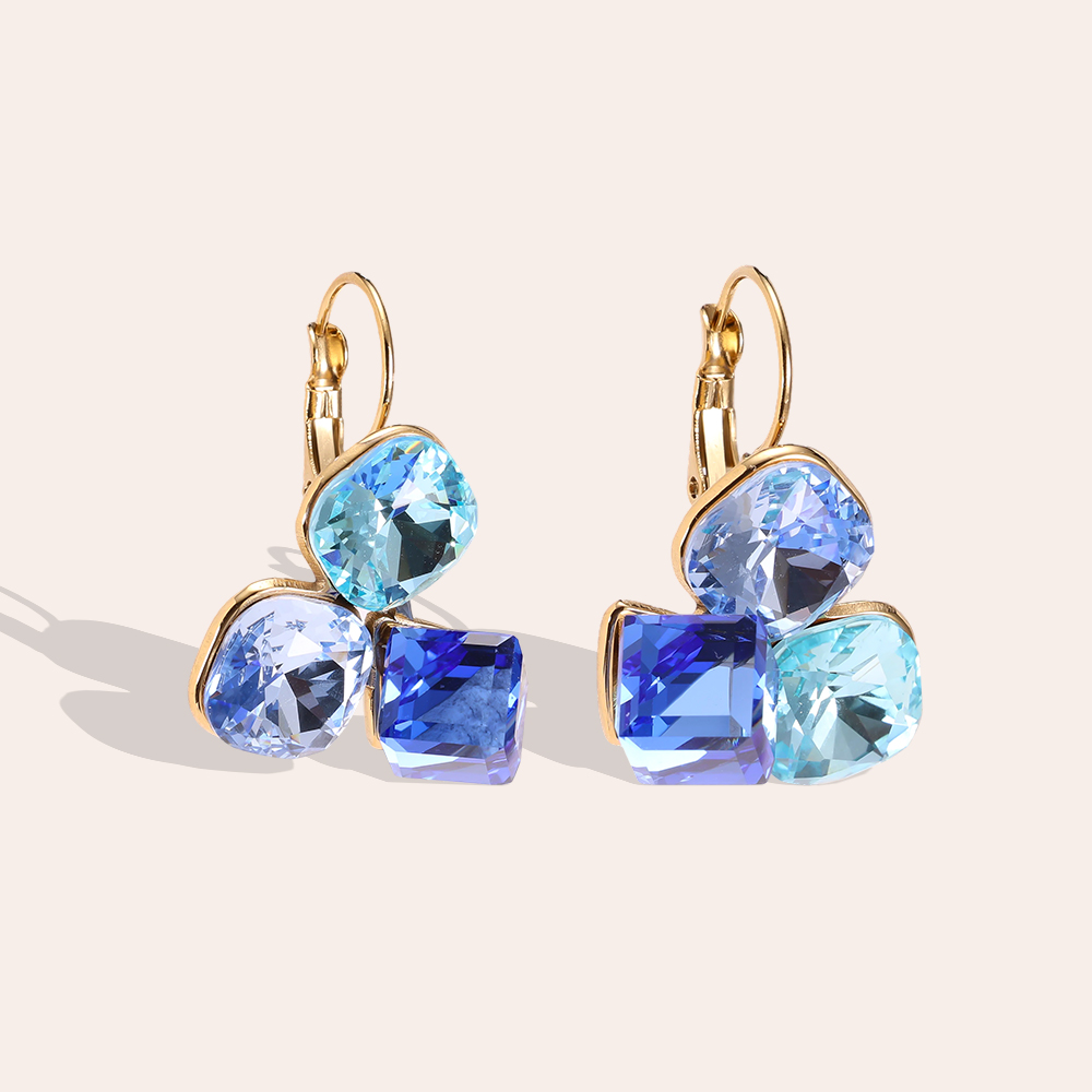 Stainless steel earrings, 30 × 21 mm. Three large glass stones in different colours