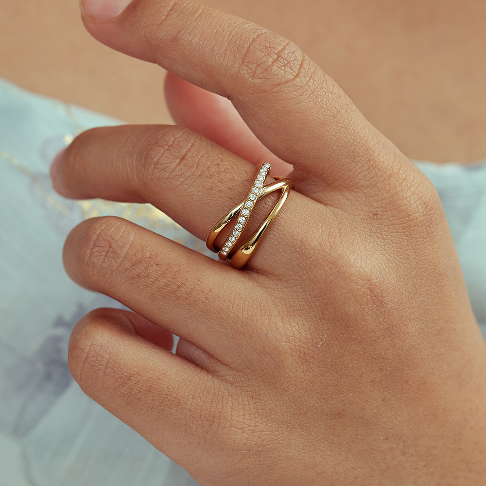 Crossed rhinestone stainless steel ring
