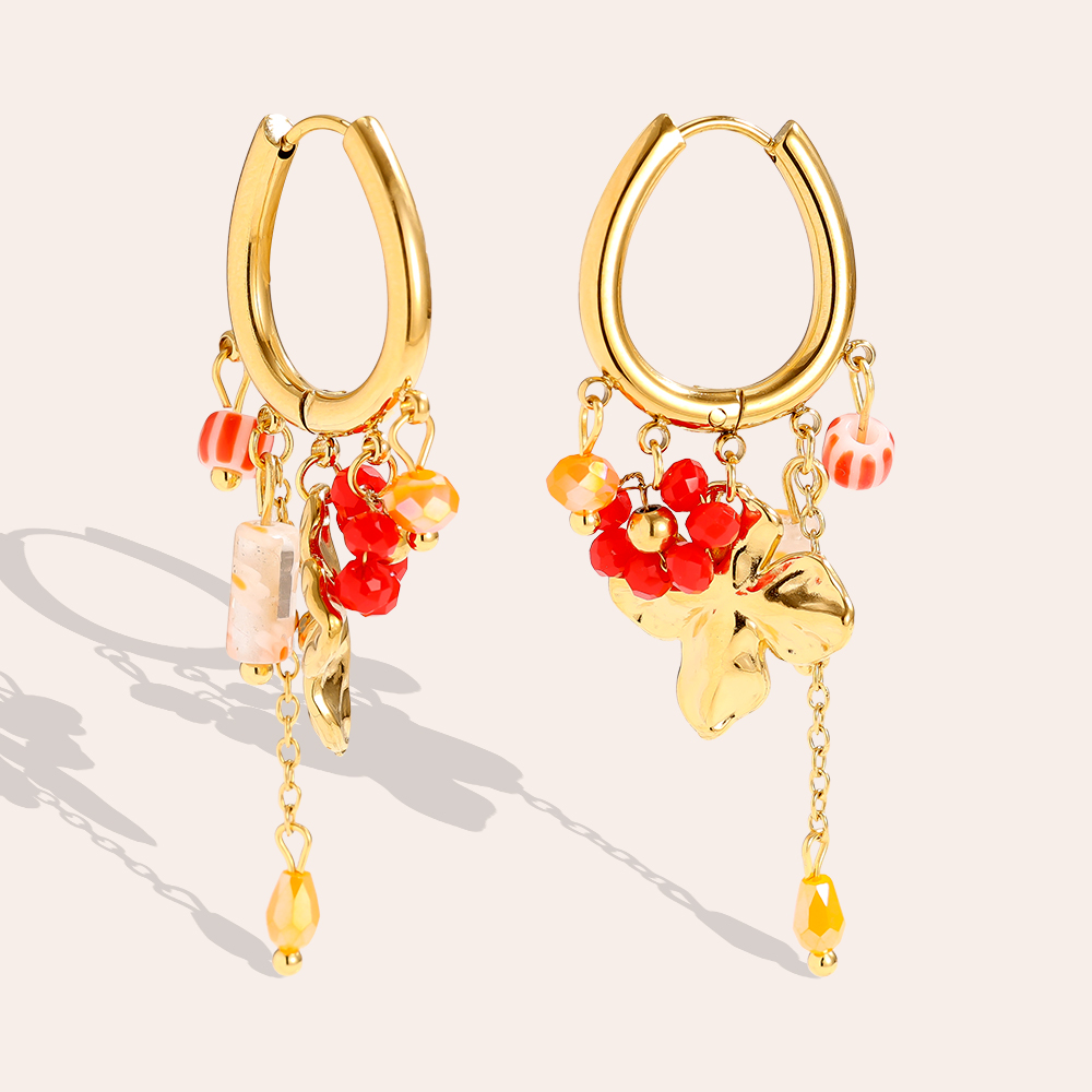 5*1.8cm flowers and colourful small beads stainless steel earrings   