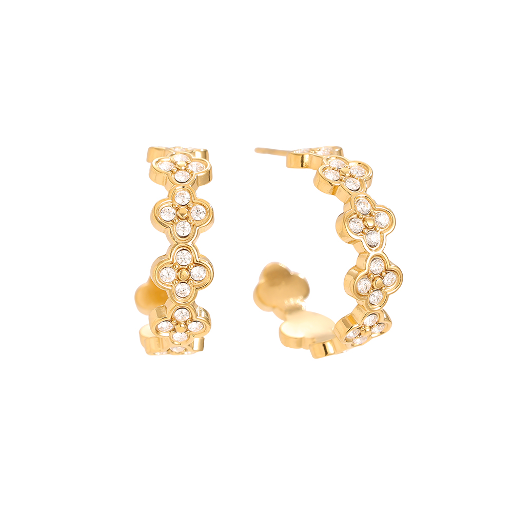 2.5cm Diamond Lucky Flower Hoop Stainless Steel Earrings        