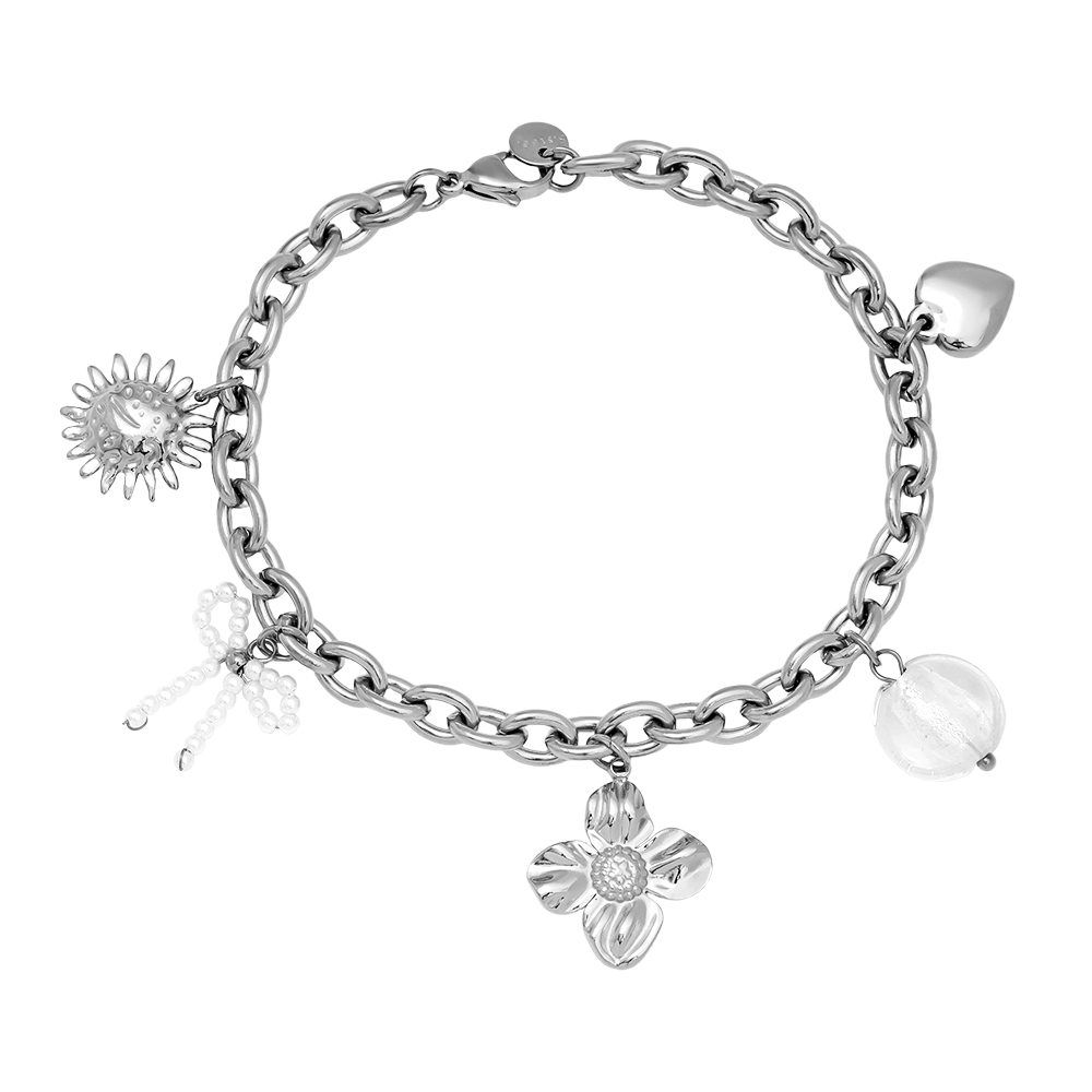17cm flower, bow and pearl pendant stainless steel bracelet