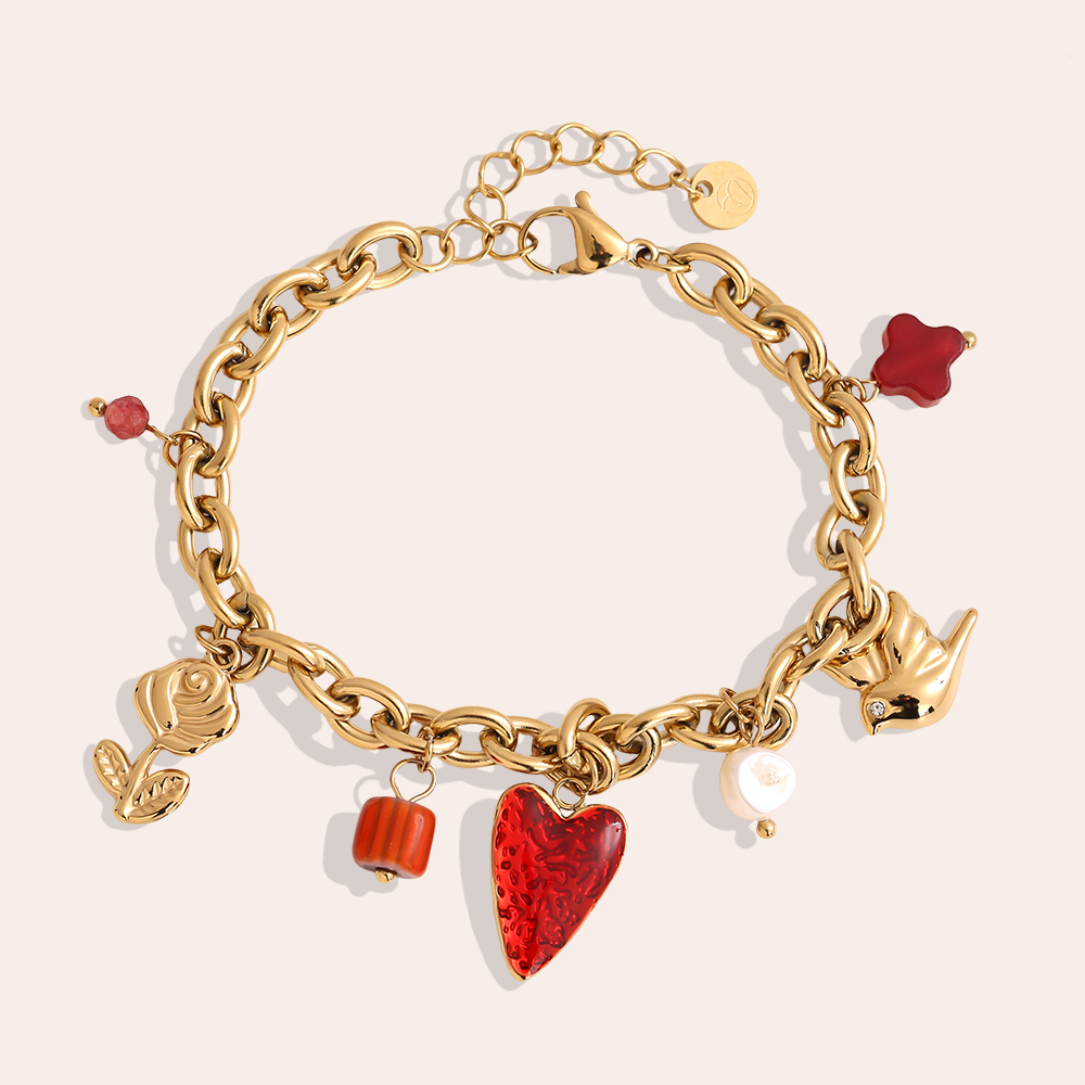 17cm red heart flower bead and flying dove stainless steel bracelet      