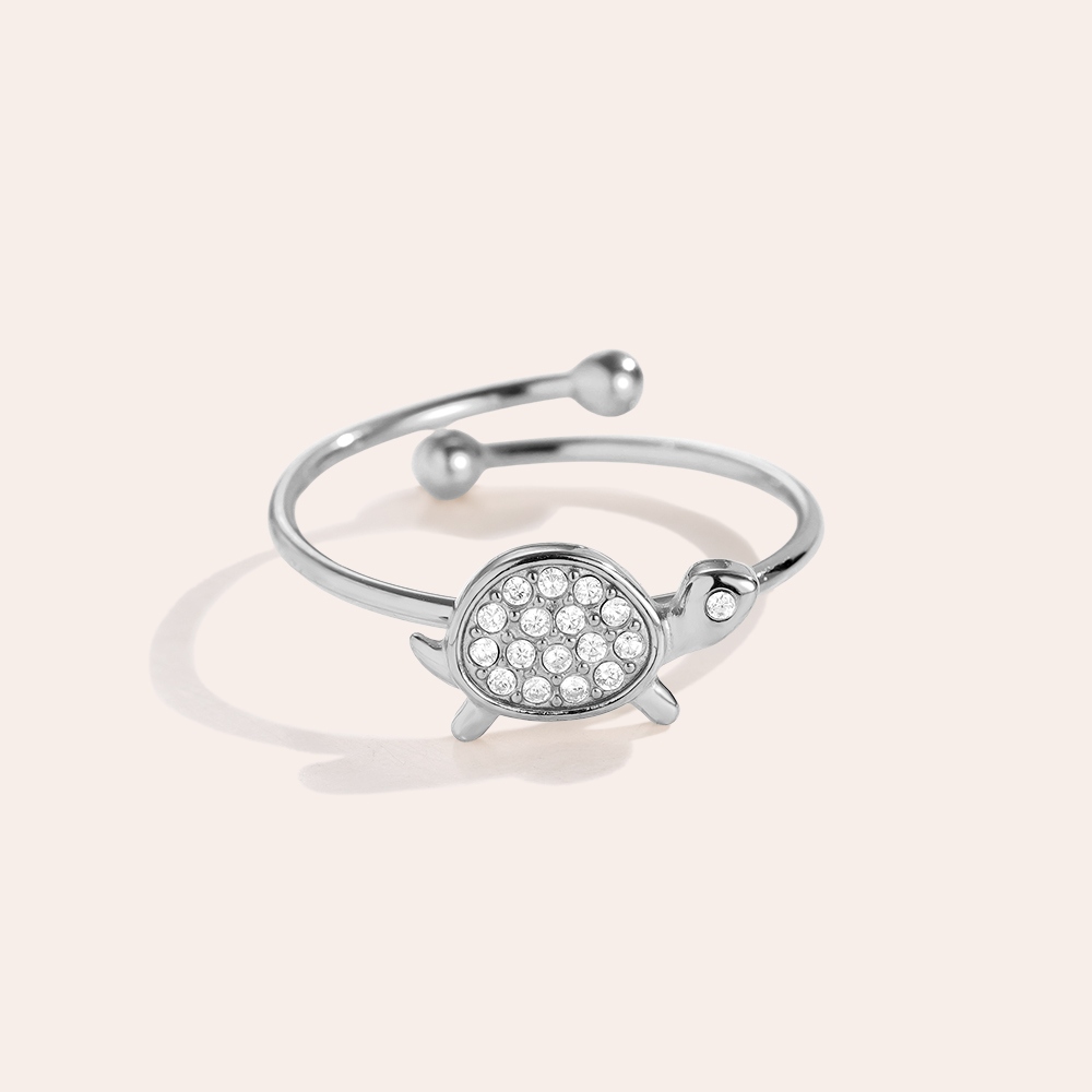 Adjustable rhinestone turtle stainless steel ring    