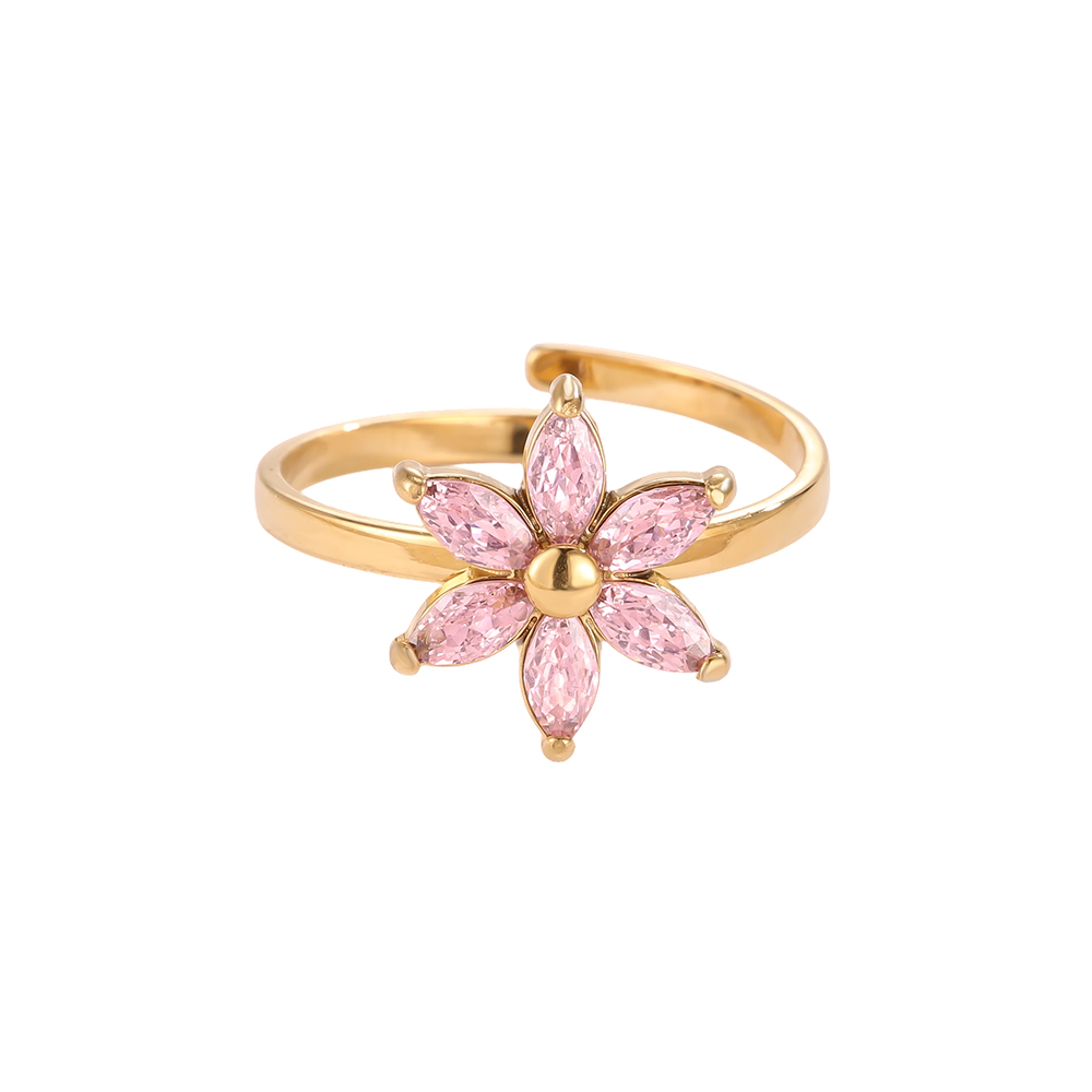 Stainless steel ring Adjustable pink zirconia flower