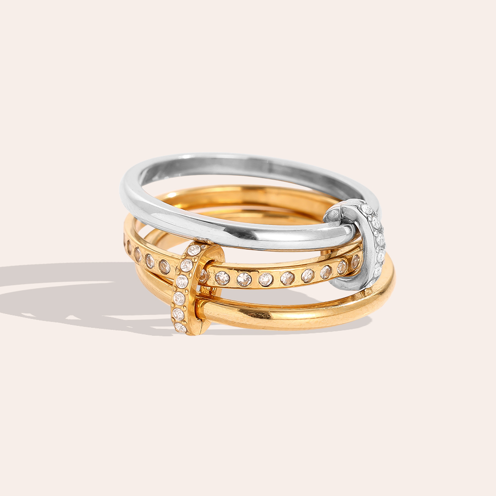 Three Layer Gold And Silver Diamond Ring Set With Lock Stainless Steel Ring    